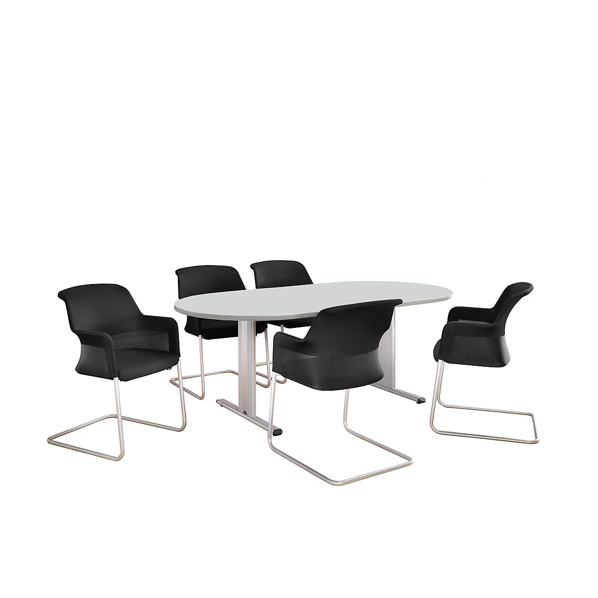 An oval table with five black chairs in front of a white background.