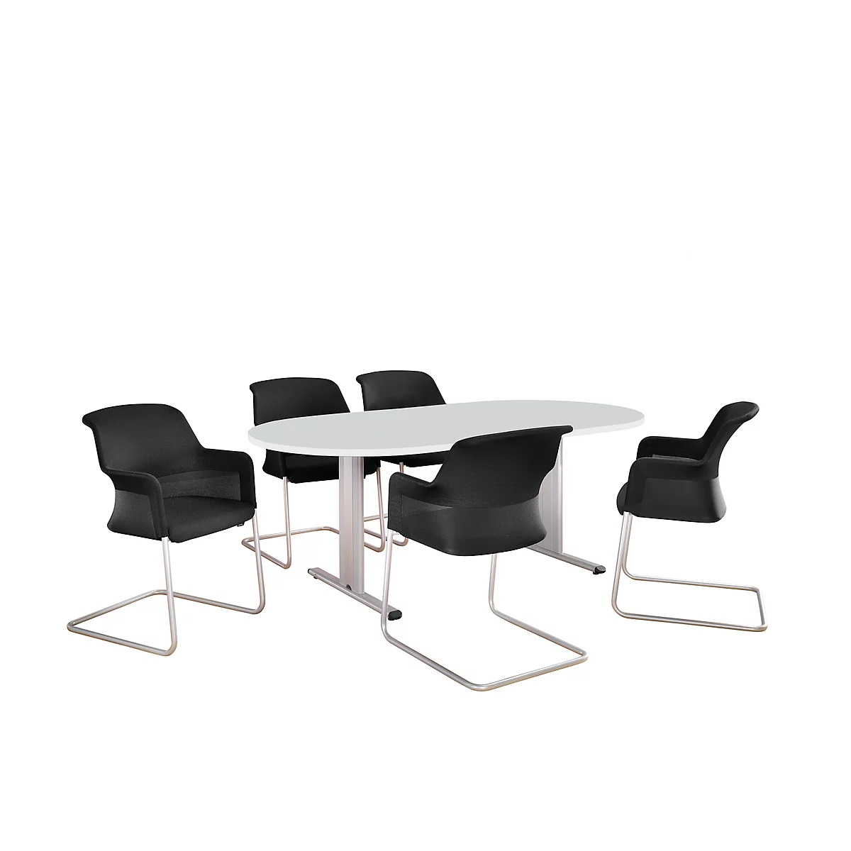An oval table with five black chairs in front of a white background.