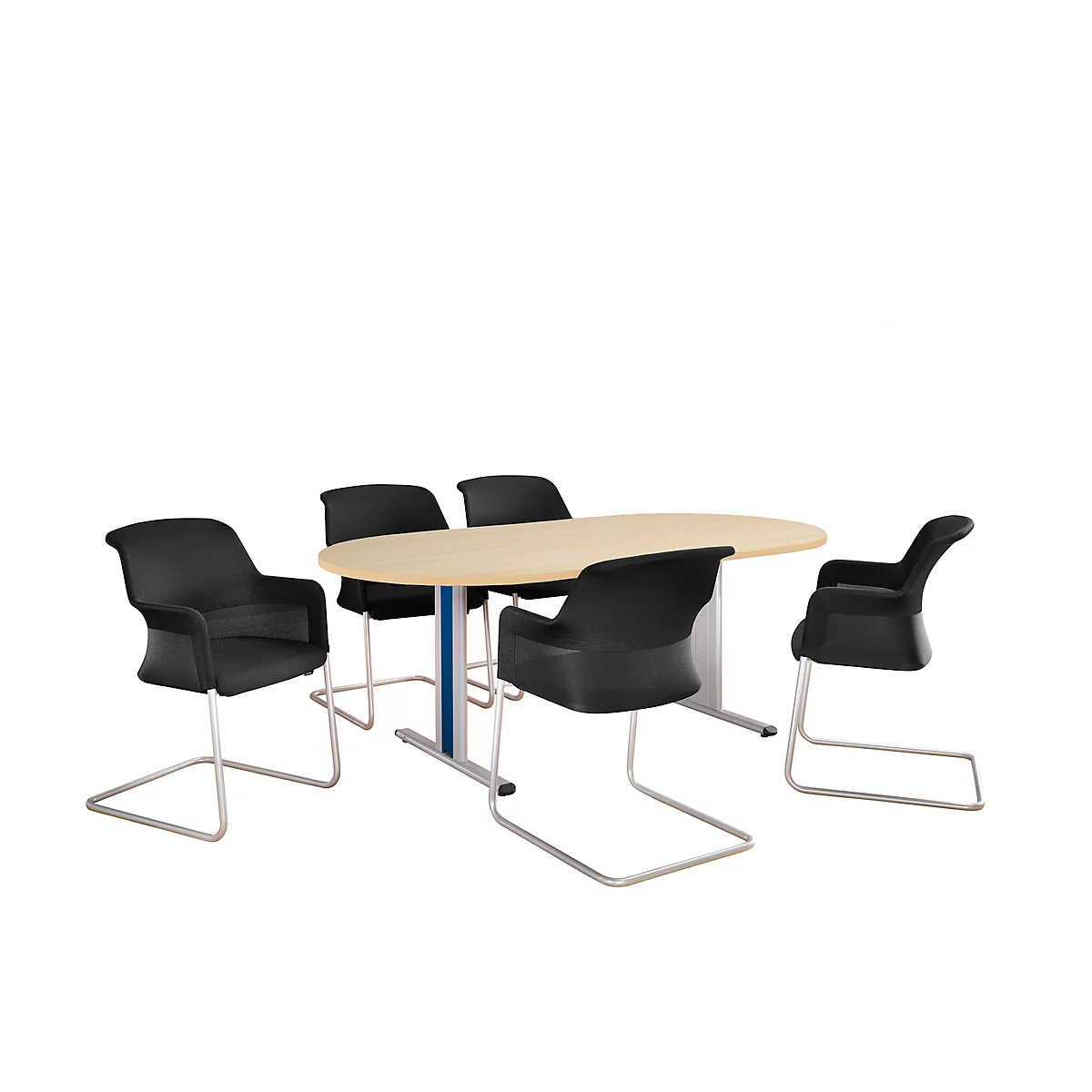 Oval table with 5 chairs. Light table top, black chairs with chrome frame. White background.
