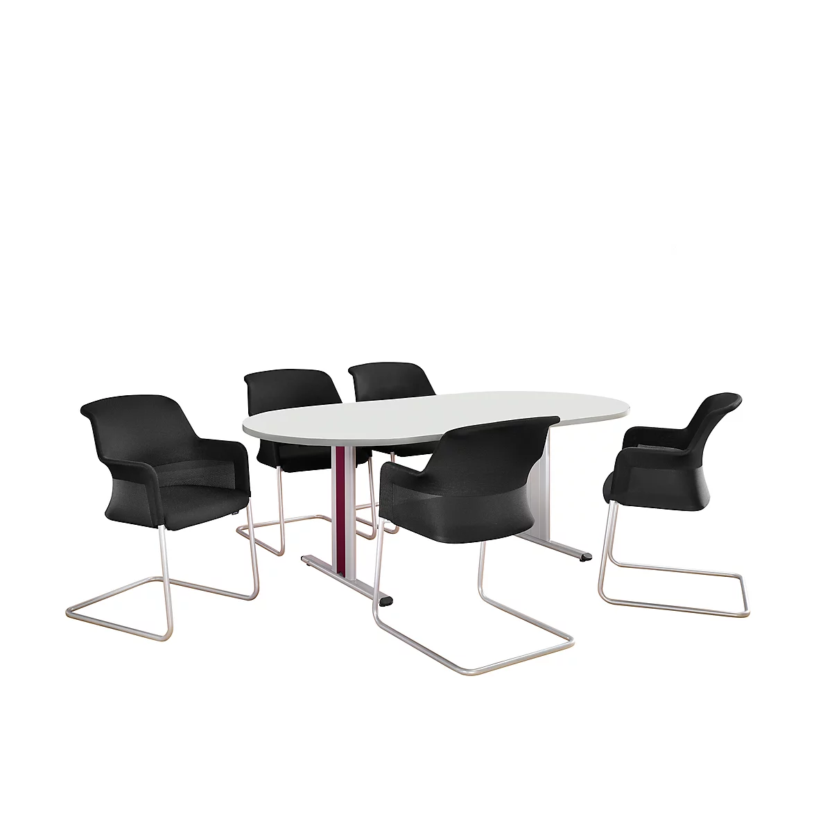 Oval table with four chairs on a white background. Tabletop white, legs silver, chairs black.