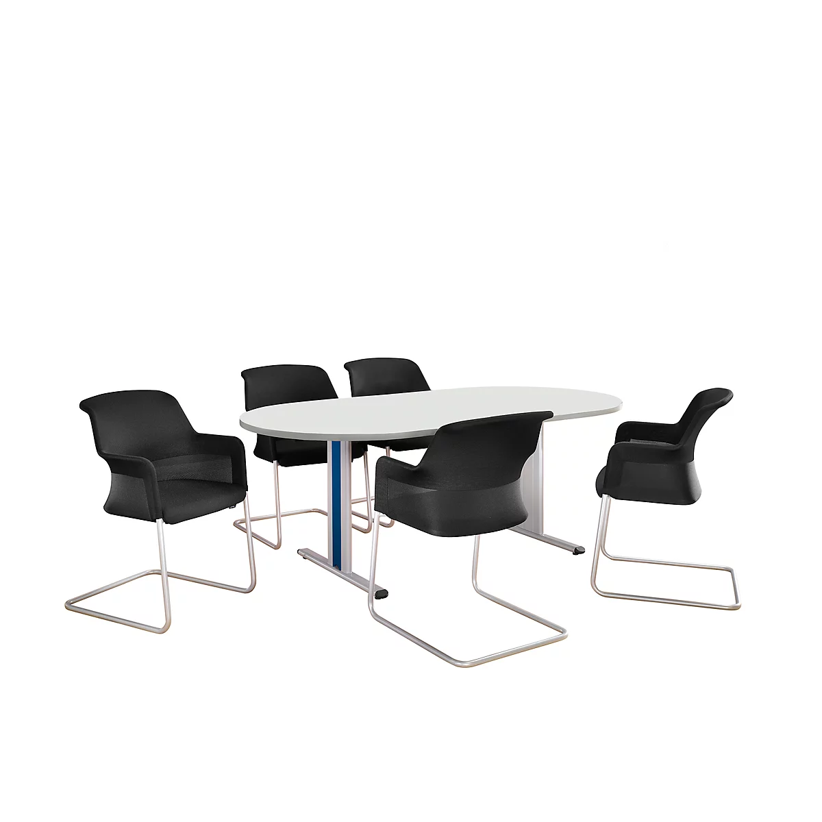 An oval table with five black chairs against a white background.