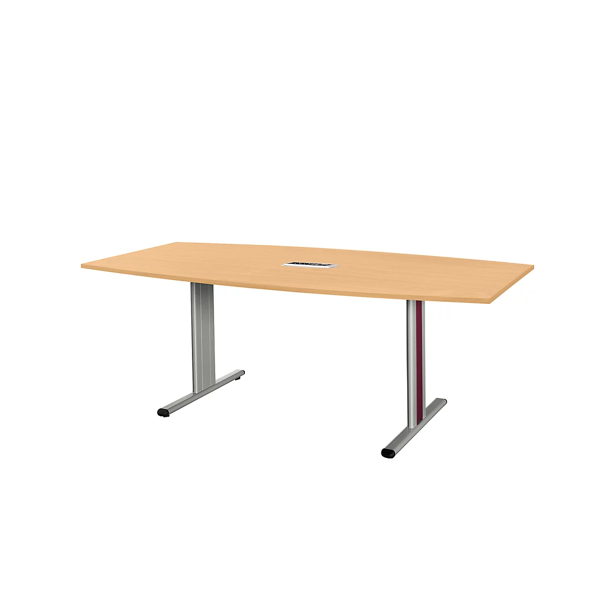 A light brown table with silver legs and a rectangular hole in the middle of the tabletop.