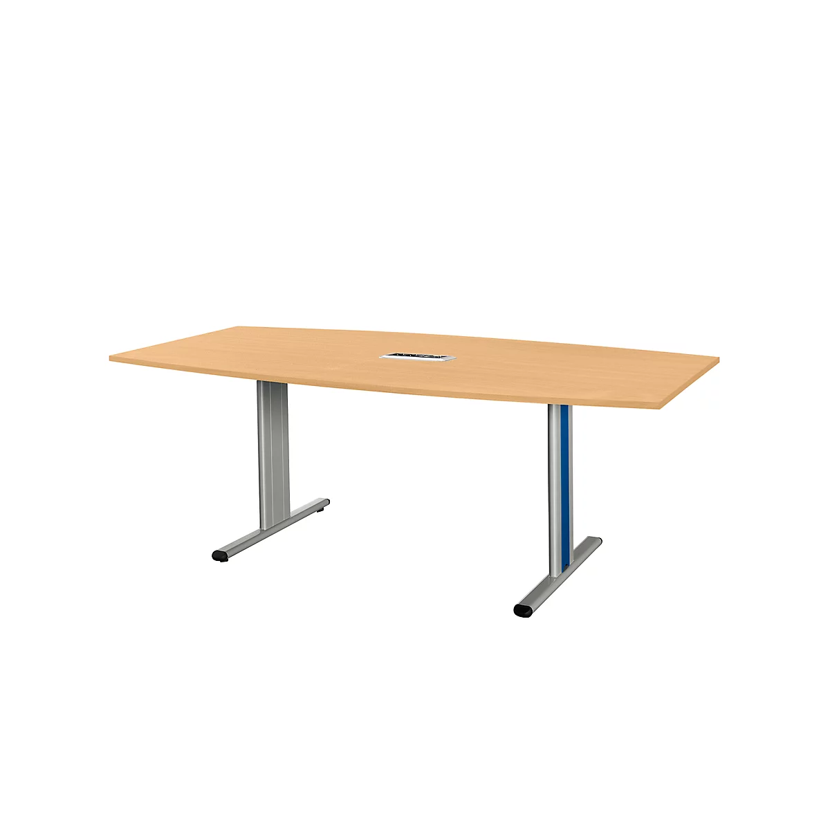 Beige conference table with metal legs on a white background. A recess is visible in the middle of the table.