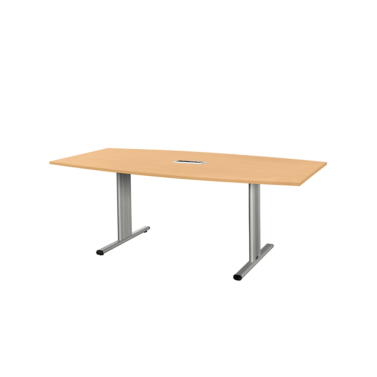 Beige conference table, oval table top, silver legs.