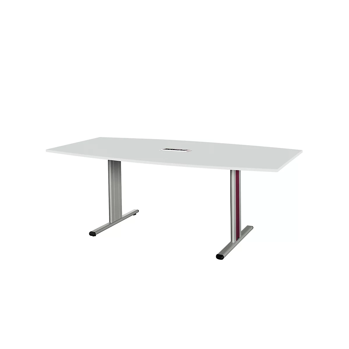 A white conference table with a rectangular tabletop. It has silver metal legs.