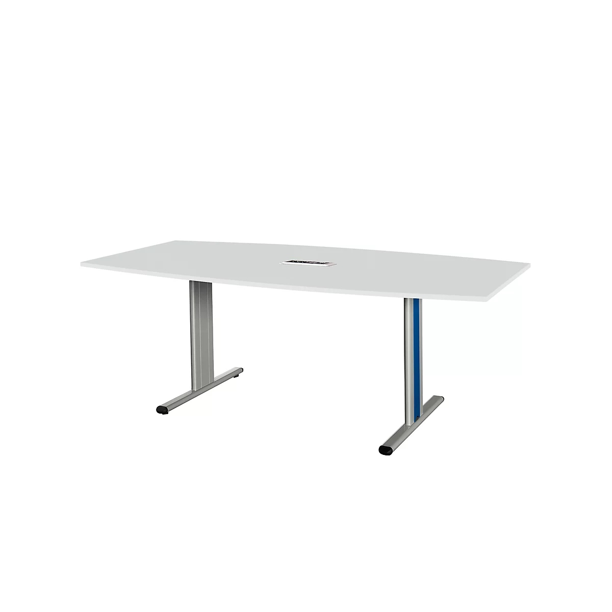 White rectangular conference table with silver legs and blue accents. Black recess in the middle.