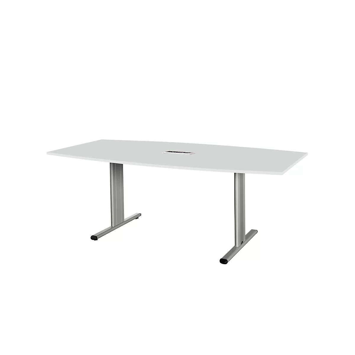 White conference table with silver legs, rectangular with rounded corners. There is a recess in the middle.