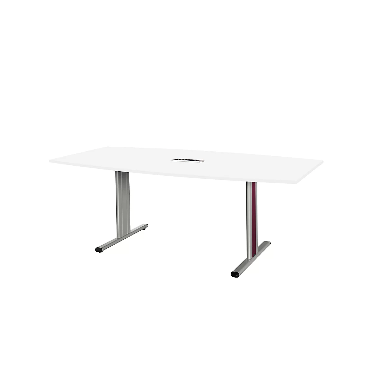 White conference table with rectangular tabletop and two T-shaped silver legs.