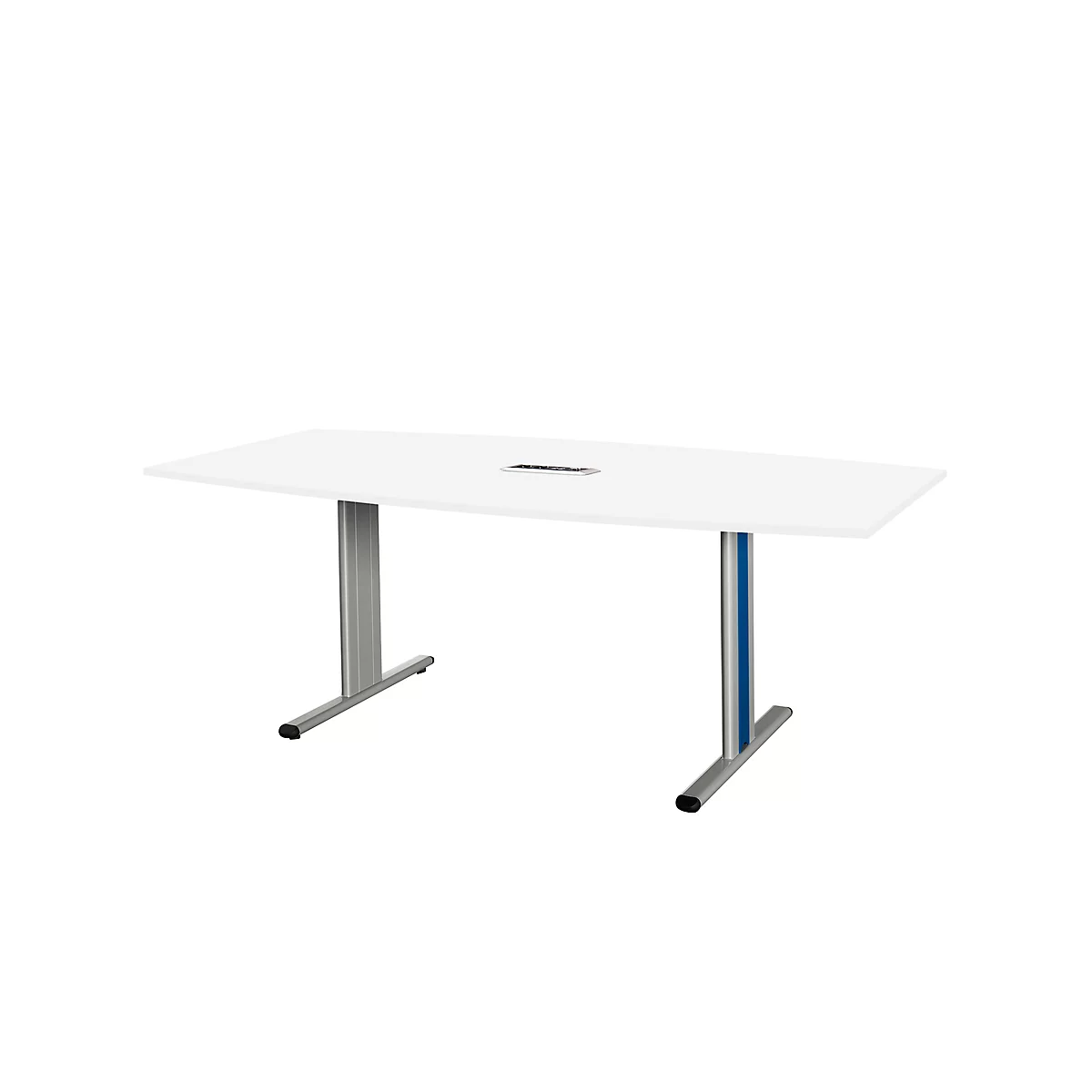 White conference table with gray legs and blue accents, isolated.