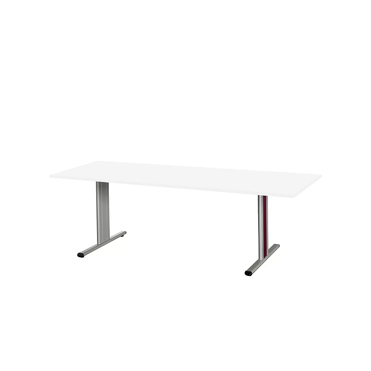 White table with two metal legs, white background.