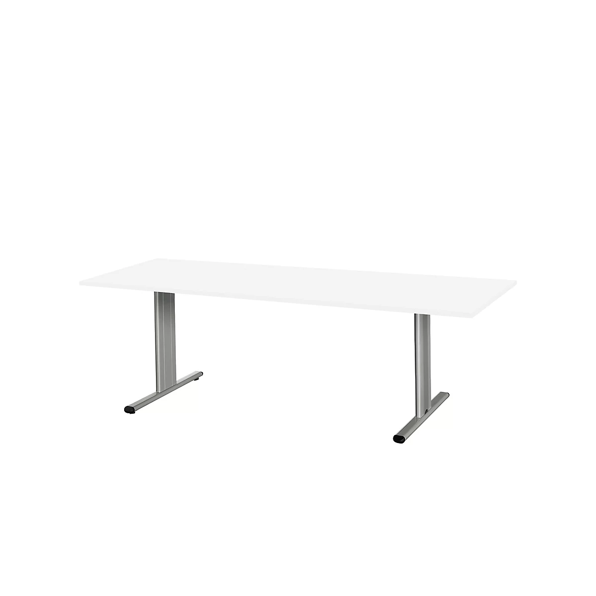 White rectangular table with two silver legs.