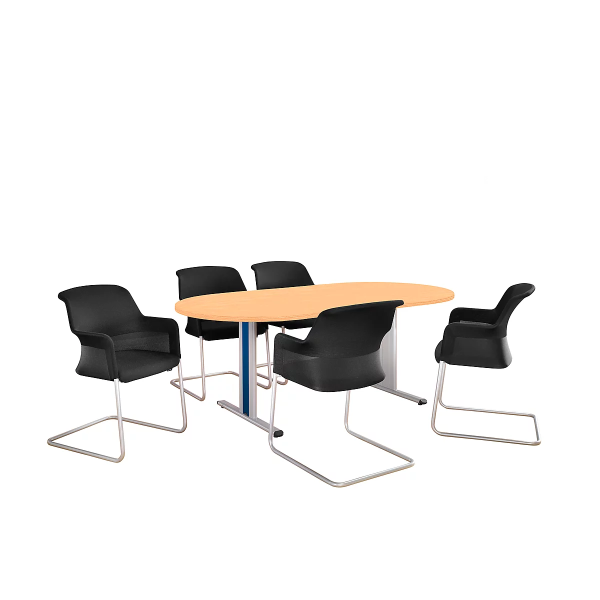 An oval wooden table with 5 black chairs. The chairs have chromed runners.