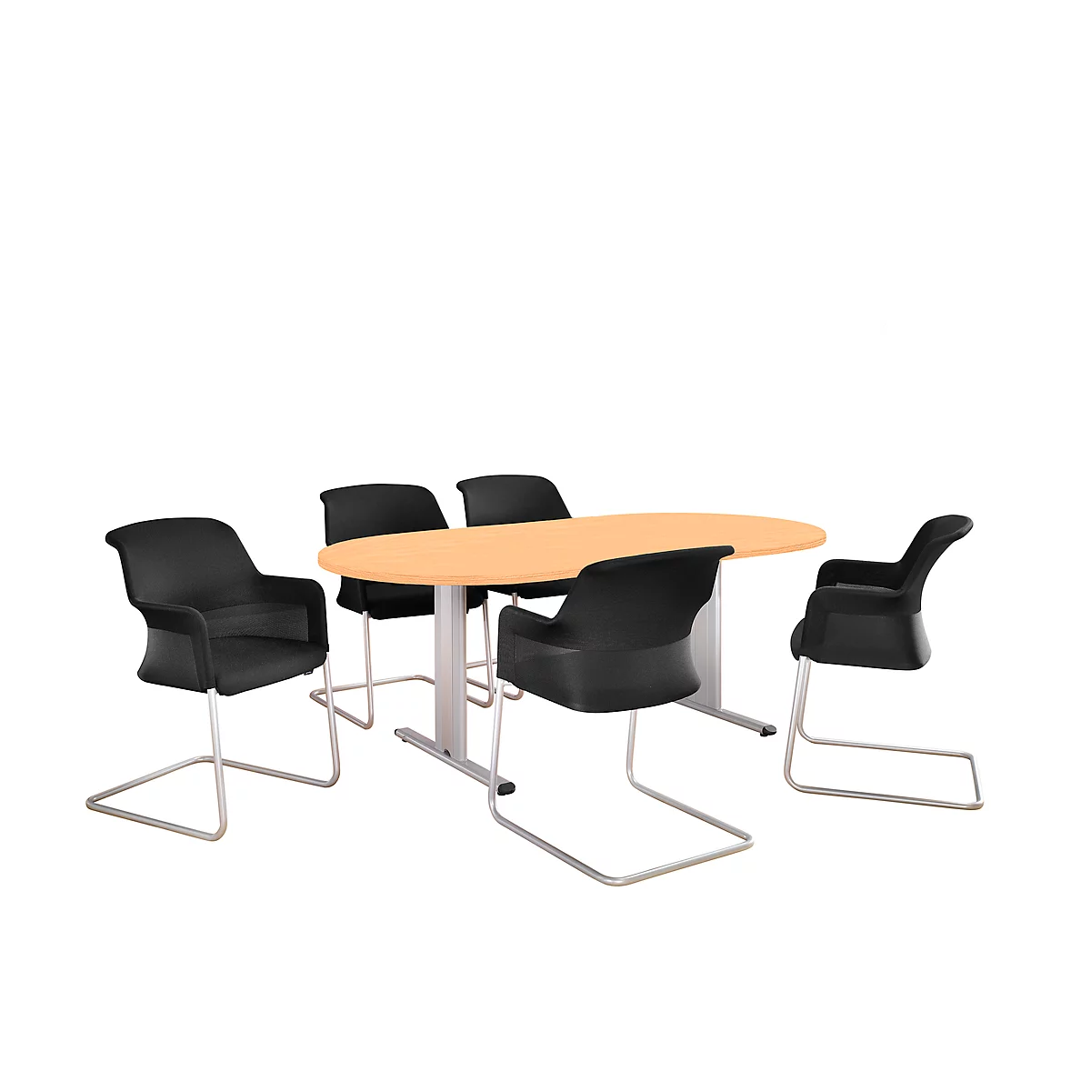 A table with an oval wooden top and 5 black chairs on a white background.