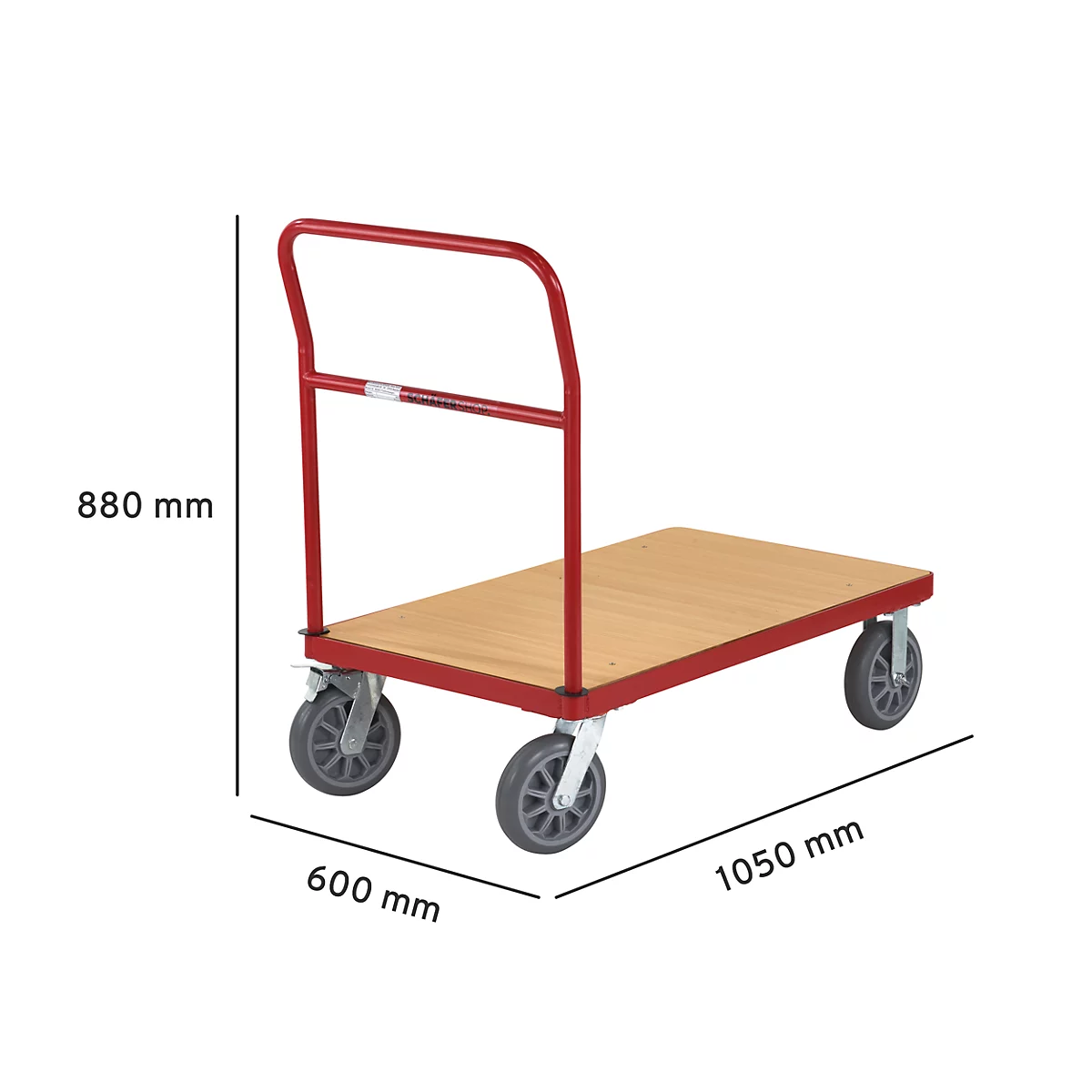 Een rode platformwagen met een houten bovenkant. De afmetingen van de trolley worden op de witte achtergrond aangegeven.