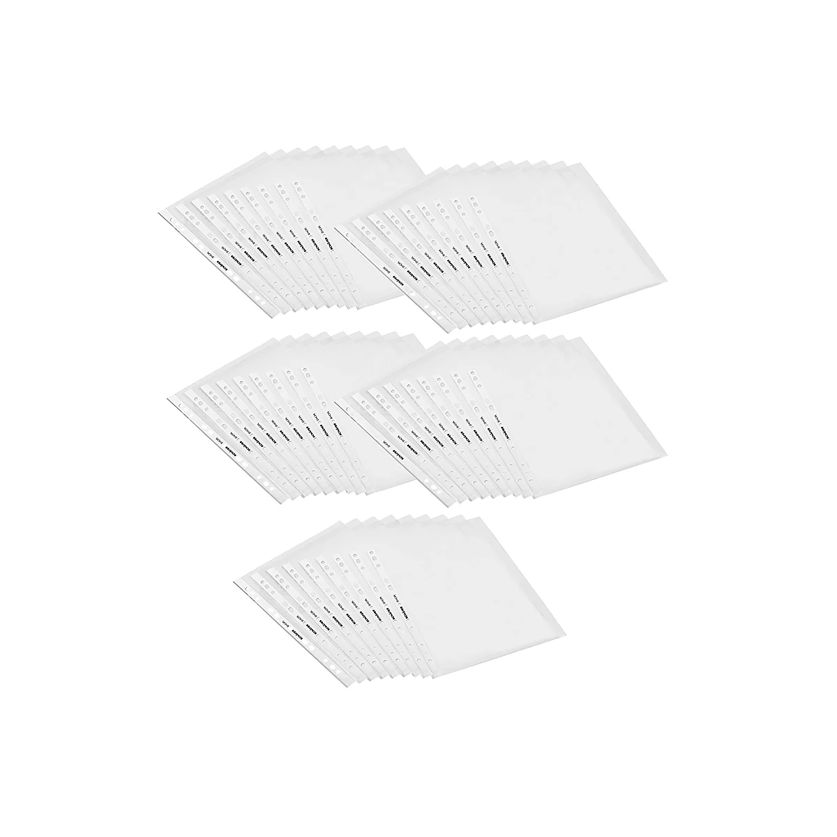 Plusieurs piles de pochettes de documents transparentes et blanches avec perforations.
