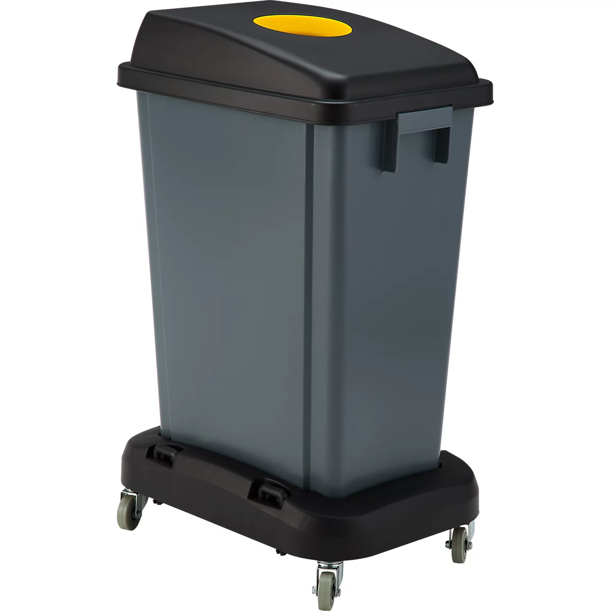 Conteneur à déchets gris avec couvercle et roulettes. Un trou jaune en haut.