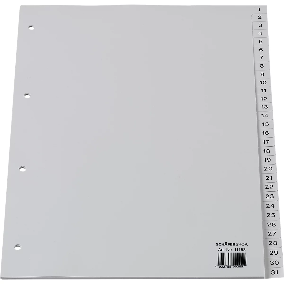 Grey file divider with numbers from 1 to 31. Three holes are at the top left. A barcode is on the bottom right.