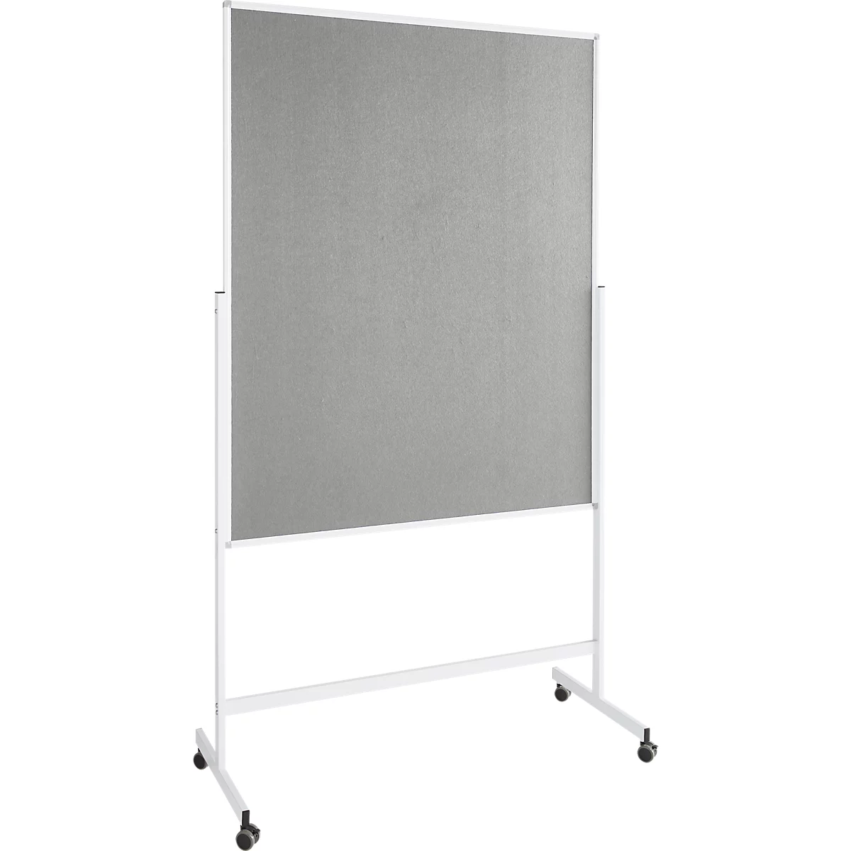 Grijze prikbord met wit frame en wielen.