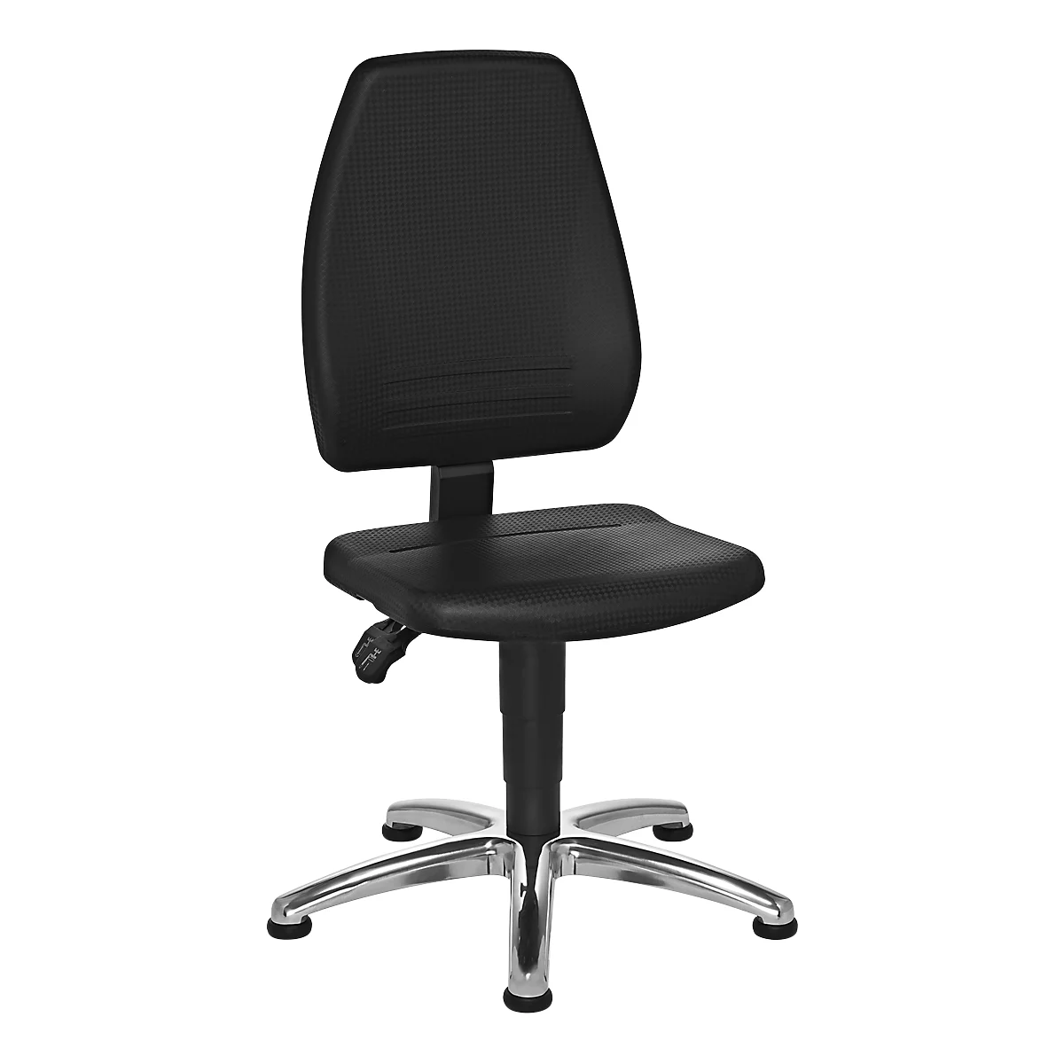 Black office chair with backrest, seat and chrome base.