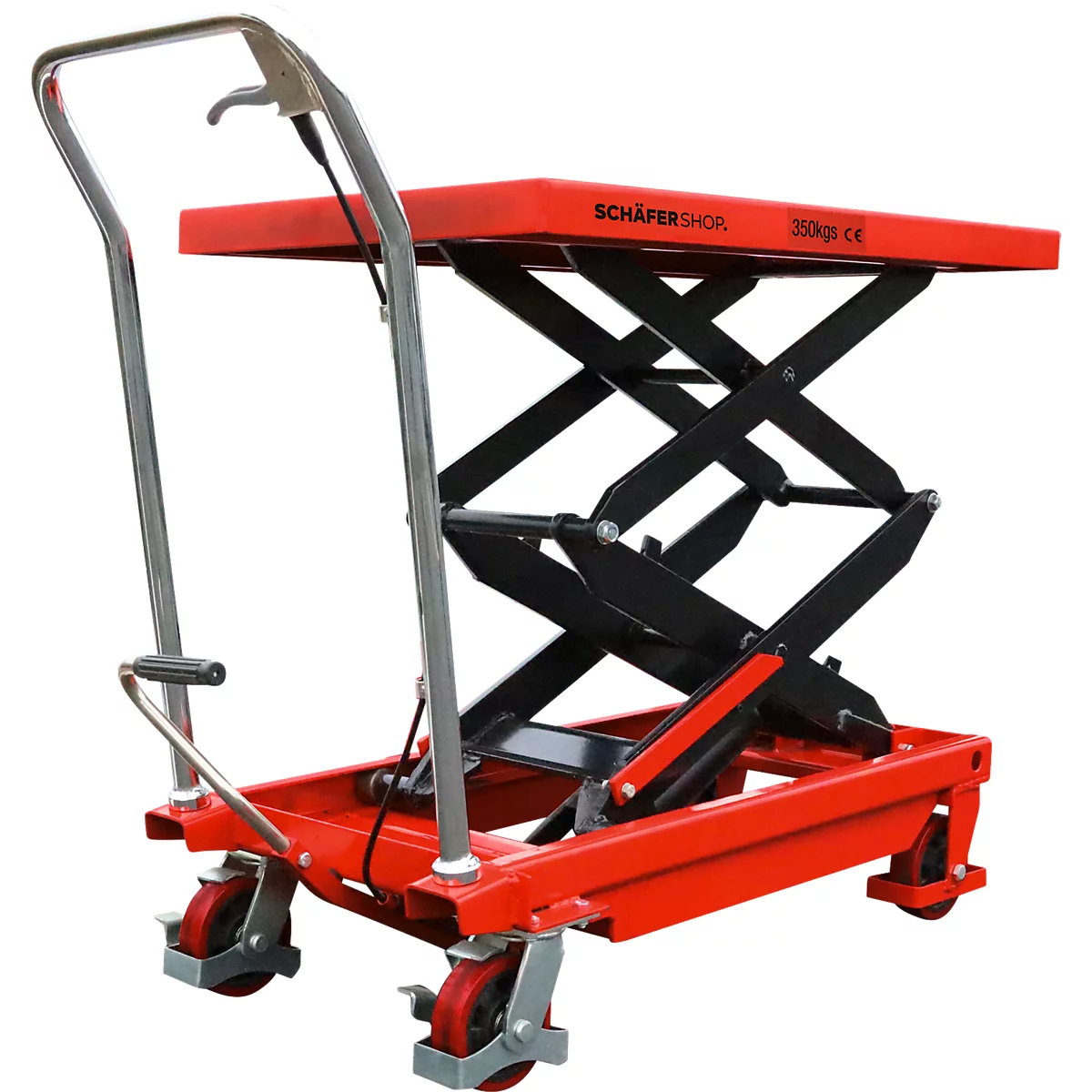 Roter hydraulischer Scherenhubtisch mit schwarzem Scherengestell, Schiebebügel und vier roten Lenkrollen.