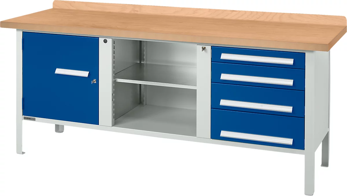 Schäfer Shop Select PW 200-1 banco de trabajo tipo caja, tablero de fibra de densidad media (MDF), hasta 750 kg, An 2000 x Pr 680 x Al 838 mm, azul genciana