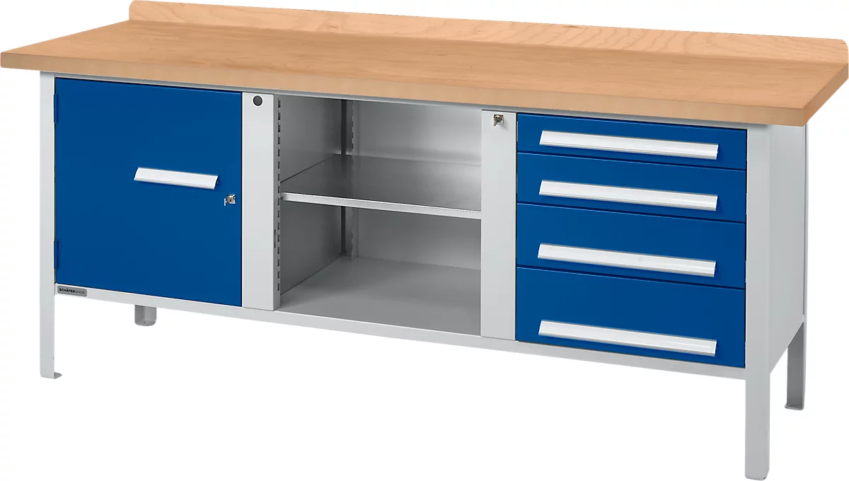 Schäfer Shop Select PW 200-1 banco de trabajo tipo caja, tablero de fibra de densidad media (MDF), hasta 750 kg, An 2000 x Pr 680 x Al 838 mm, azul genciana