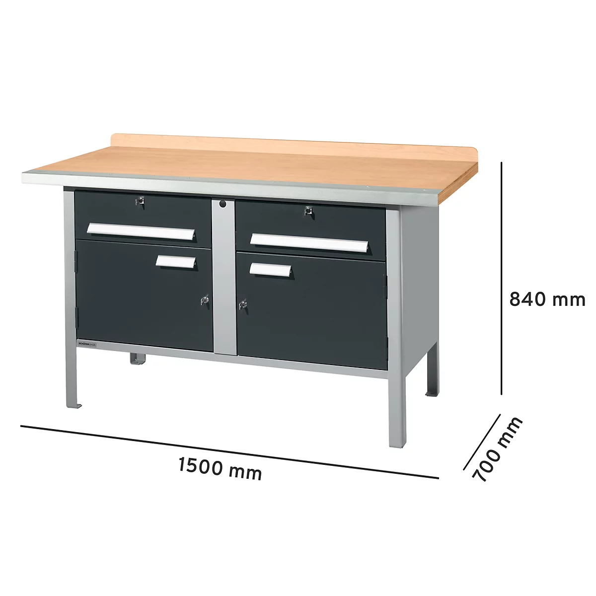 Werkbank met grijze lades en een licht houten blad. Afmetingen voor hoogte, breedte en diepte zijn ook vermeld.
