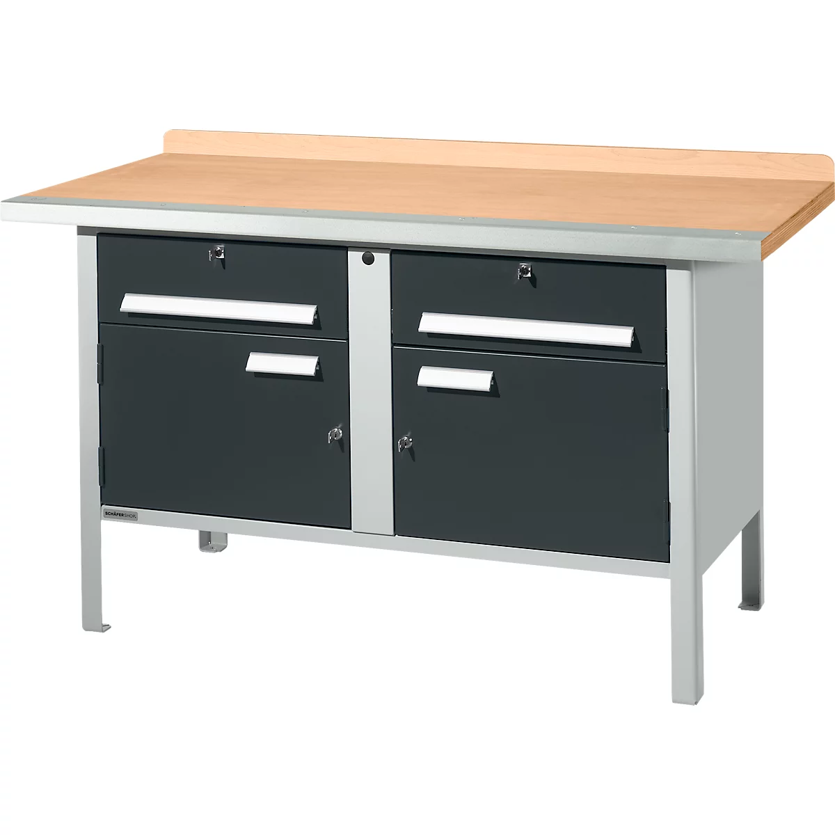 Schäfer Shop Select PWi 150-0 werkbank met kasten, beuken multiplexplaat, met stalen rand, tot 750 kg, B 1500 x D 700 x H 840 mm, antraciet/lichtgrijs