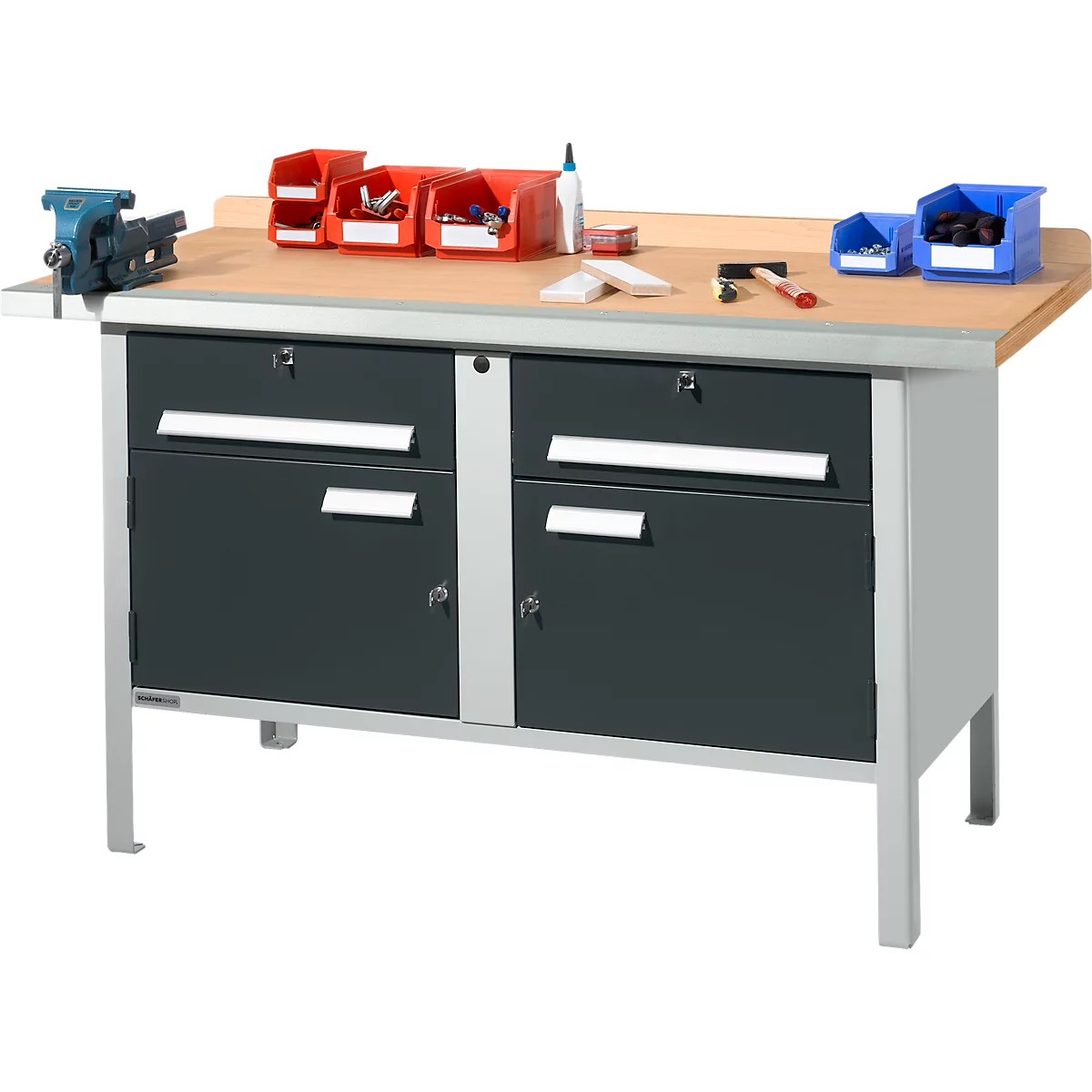 Schäfer Shop Select PWi 150-0 werkbank met kasten, beuken multiplexplaat, met stalen rand, tot 750 kg, B 1500 x D 700 x H 840 mm, antraciet/lichtgrijs