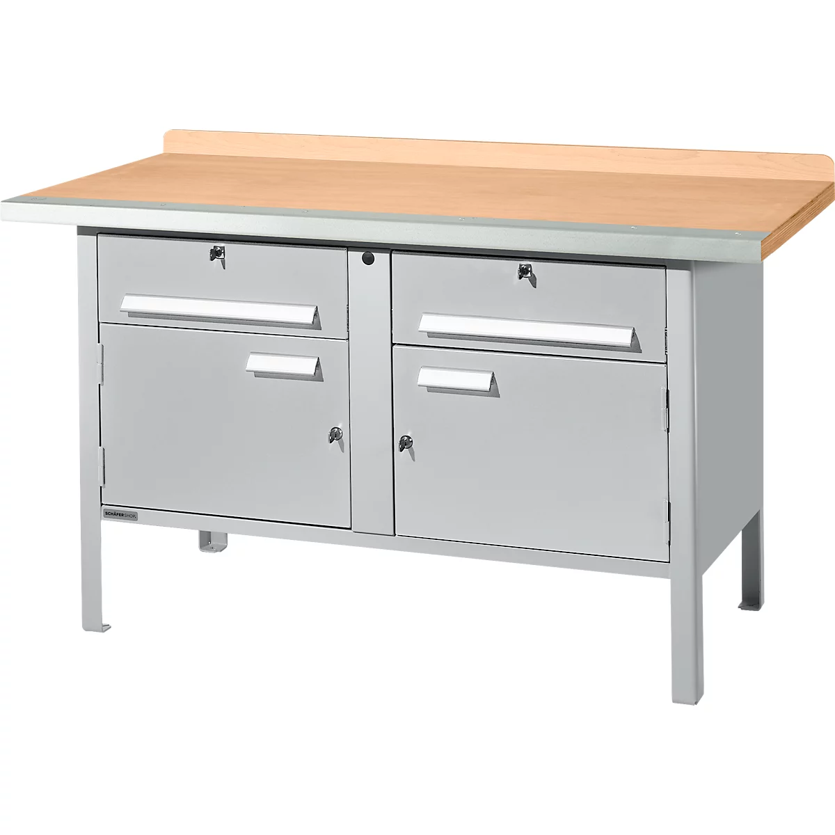 Schäfer Shop Select PWi 150-0 werkbank met kasten, beuken multiplexplaat, met stalen rand, tot 750 kg, B 1500 x D 700 x H 840 mm, blank aluminium