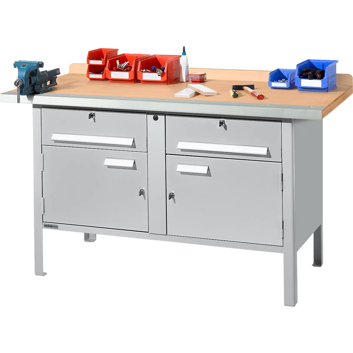 Schäfer Shop Select PWi 150-0 werkbank met kasten, beuken multiplexplaat, met stalen rand, tot 750 kg, B 1500 x D 700 x H 840 mm, blank aluminium