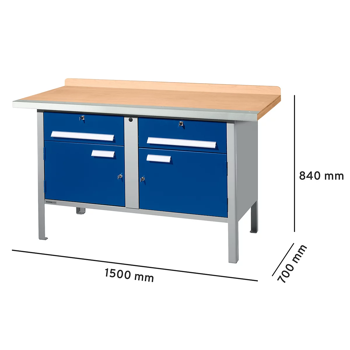Werkbank met blauwe lades en een licht houten blad. Afmetingen: 1500 x 700 x 840 mm.