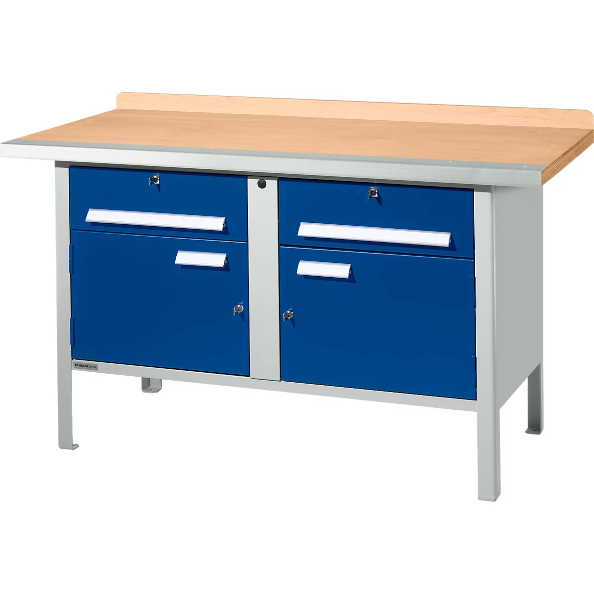 Schäfer Shop Select PWi 150-0 werkbank met kasten, beuken multiplexplaat, met stalen rand, tot 750 kg, B 1500 x D 700 x H 840 mm, lichtgrijs/ gentiaanblauw