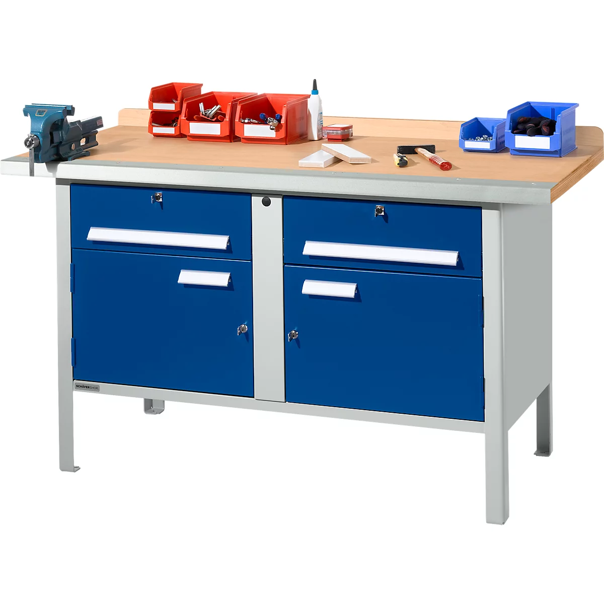 Schäfer Shop Select PWi 150-0 werkbank met kasten, beuken multiplexplaat, met stalen rand, tot 750 kg, B 1500 x D 700 x H 840 mm, lichtgrijs/ gentiaanblauw