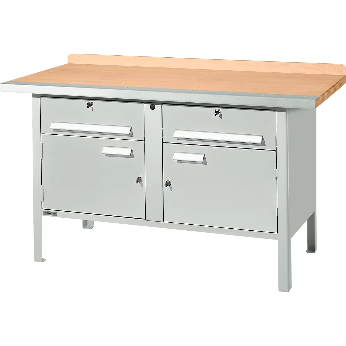 Schäfer Shop Select PWi 150-0 werkbank met kasten, beuken multiplexplaat, met stalen rand, tot 750 kg, B 1500 x D 700 x H 840 mm, lichtgrijs