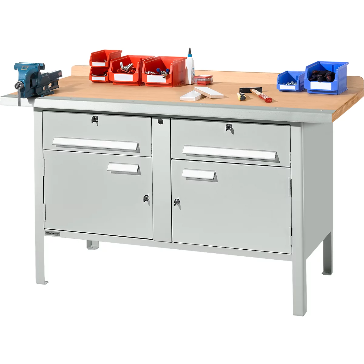 Schäfer Shop Select PWi 150-0 werkbank met kasten, beuken multiplexplaat, met stalen rand, tot 750 kg, B 1500 x D 700 x H 840 mm, lichtgrijs