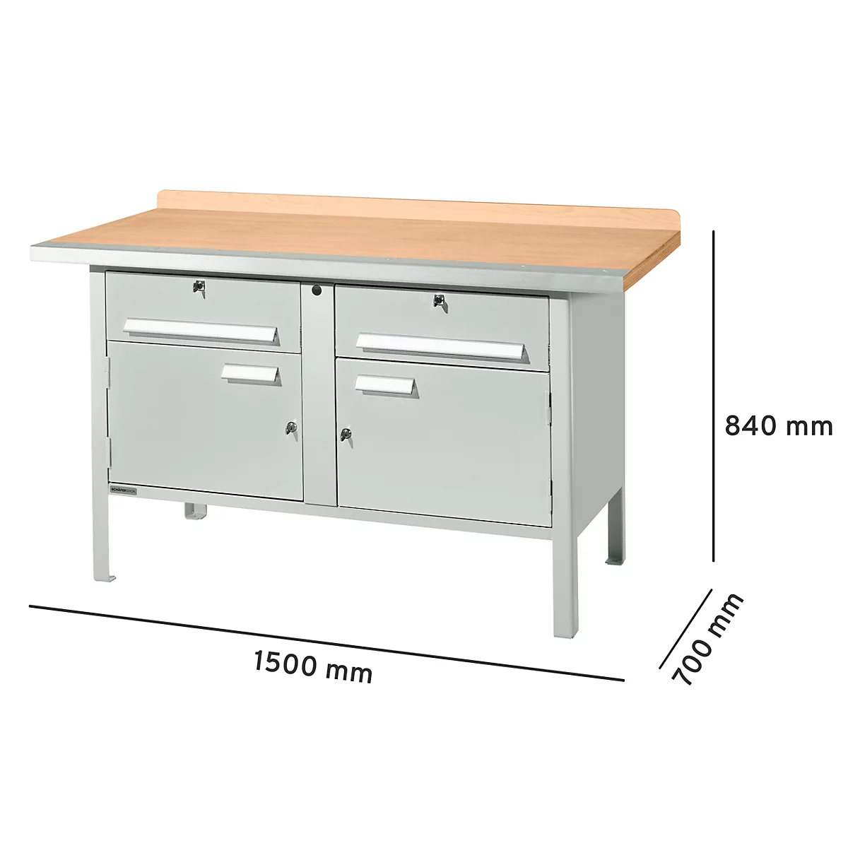Metalen werkbank, lichtgrijs met houten blad, afmetingen: 1500 x 700 x 840 mm.