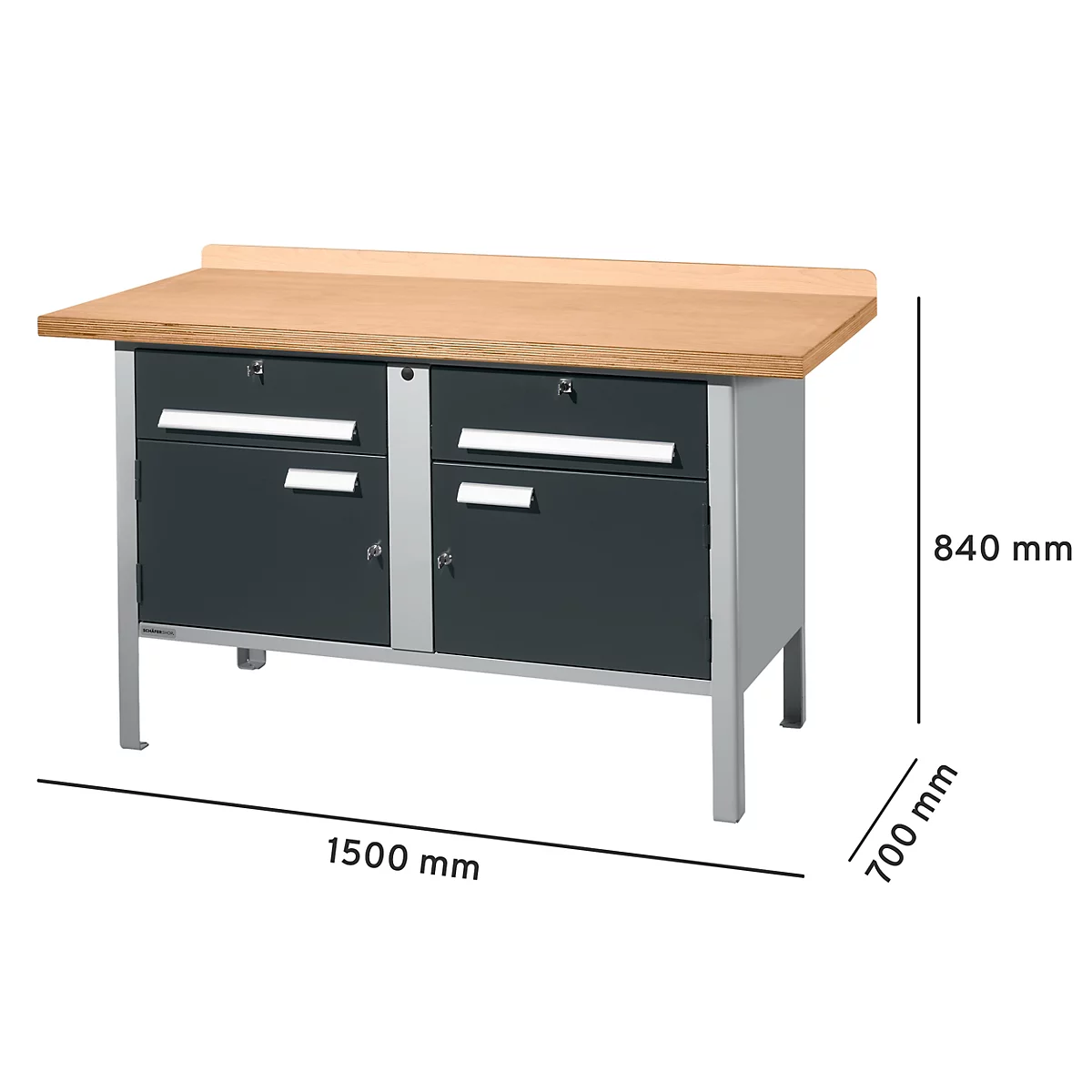 Werkbank met houten blad, grijze laden en kastdeuren. Afmetingen: 1500 x 700 x 840 mm.