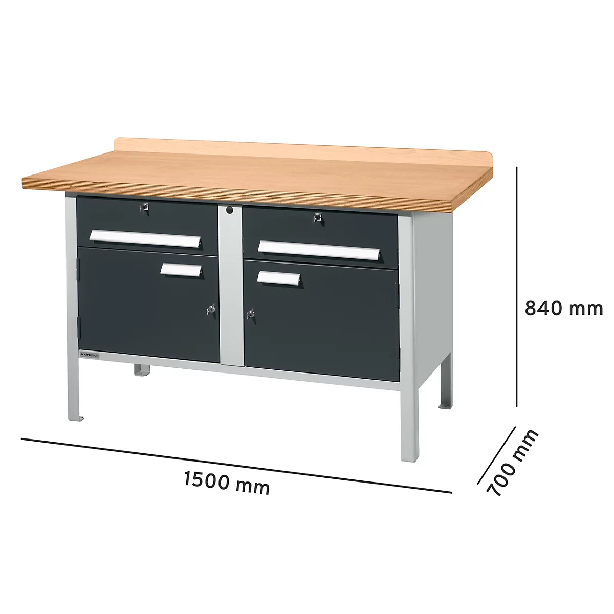 Werkbank met houten blad, grijze laden en metalen poten. Afmetingen worden aangegeven: 1500 x 700 x 840 mm.