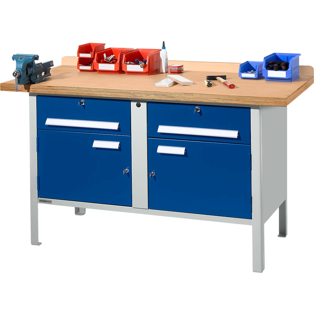 Schäfer Shop Select PWi 150-0 werkbank met kasten, beuken multiplexplaat, tot 750 kg, B 1500 x D 700 x H 840 mm, lichtgrijs/ gentiaanblauw