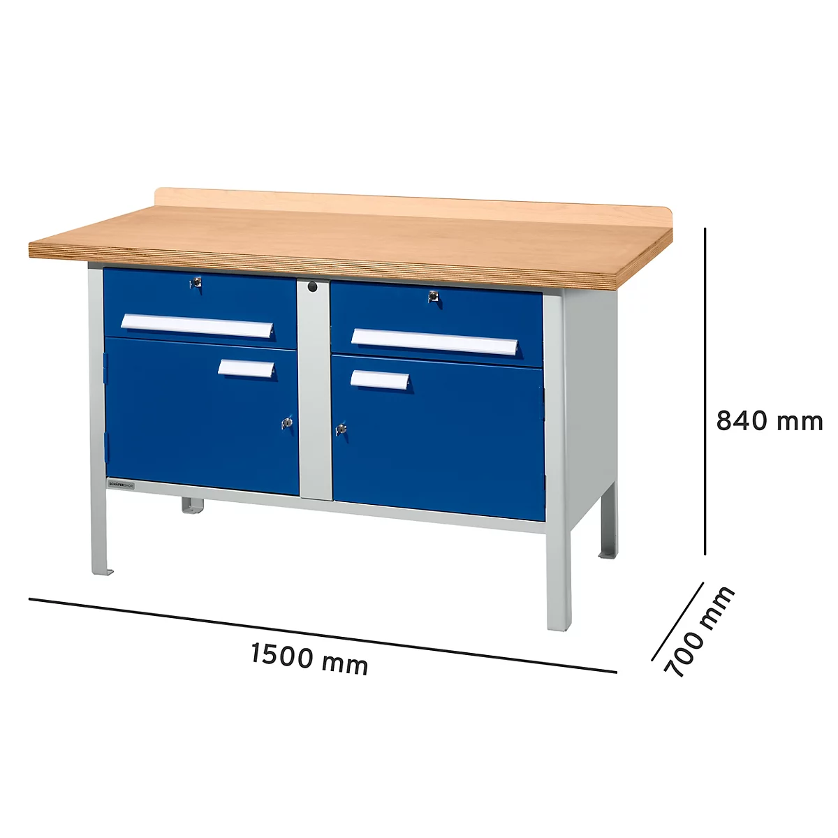 Blauw-grijze werkbank met houten blad, 1500 x 700 x 840 mm. Twee deuren met laden, metalen poten.