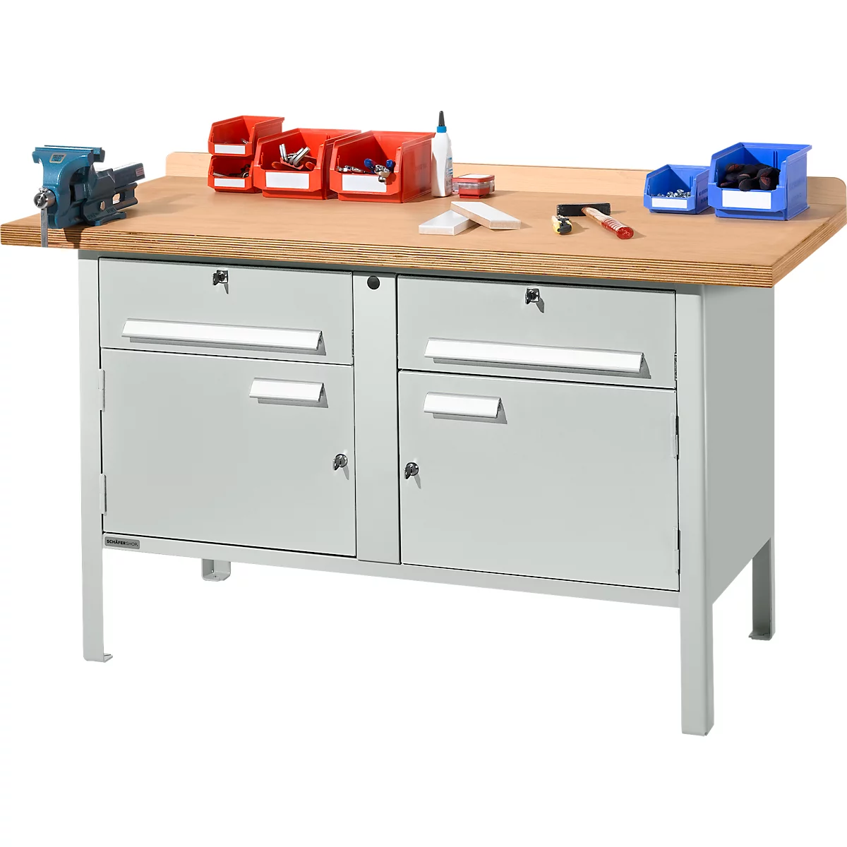 Schäfer Shop Select PWi 150-0 werkbank met kasten, beuken multiplexplaat, tot 750 kg, B 1500 x D 700 x H 840 mm, lichtgrijs
