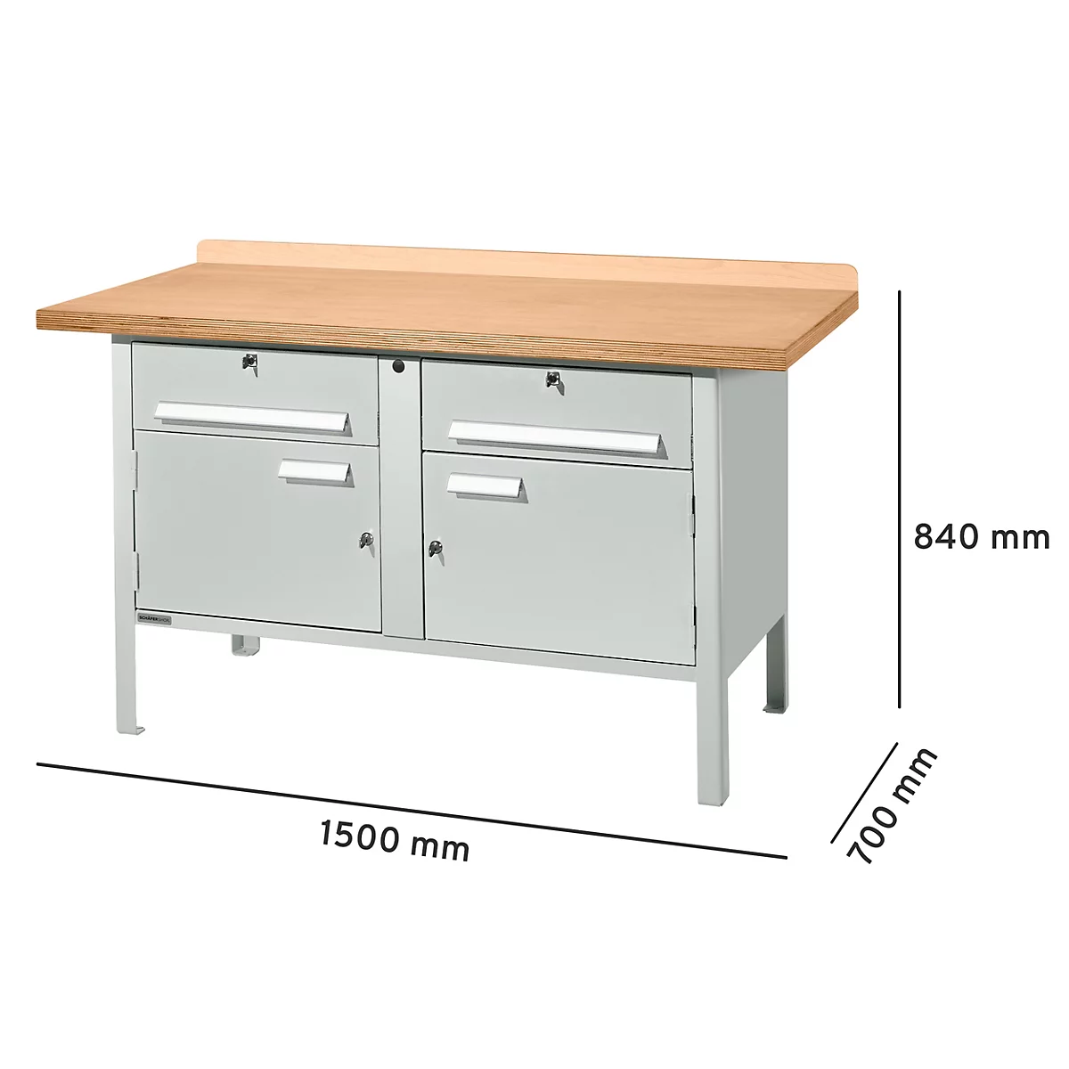 Werkbank met grijze kasten en houten blad. Afmetingen: 1500 mm breed, 700 mm diep, 840 mm hoog.
