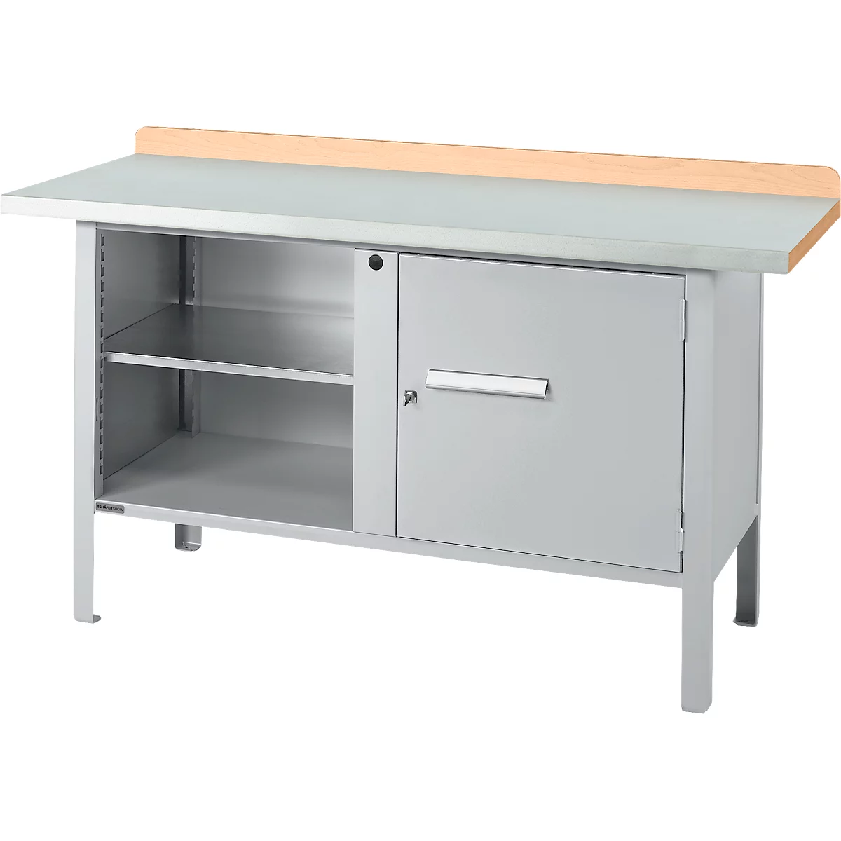 Schäfer Shop Select PWi 150-1 box-type werkbank, beuken multiplex blad, met stalen afdekking, tot 750 kg, B 1500 x D 700 x H 840 mm, blank aluminium