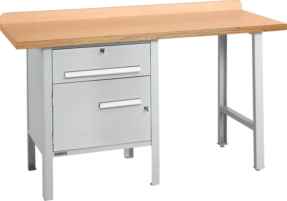 Schäfer Shop Select PWi 150-2 banco de trabajo combinado, tablero multiplex de haya, hasta 750 kg, An 1500 x Pr 700 x Al 840 mm, aluminio blanco