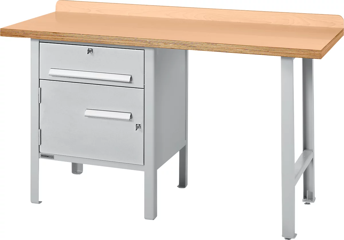 Schäfer Shop Select PWi 150-2 banco de trabajo combinado, tablero multiplex de haya, hasta 750 kg, An 1500 x Pr 700 x Al 840 mm, aluminio blanco