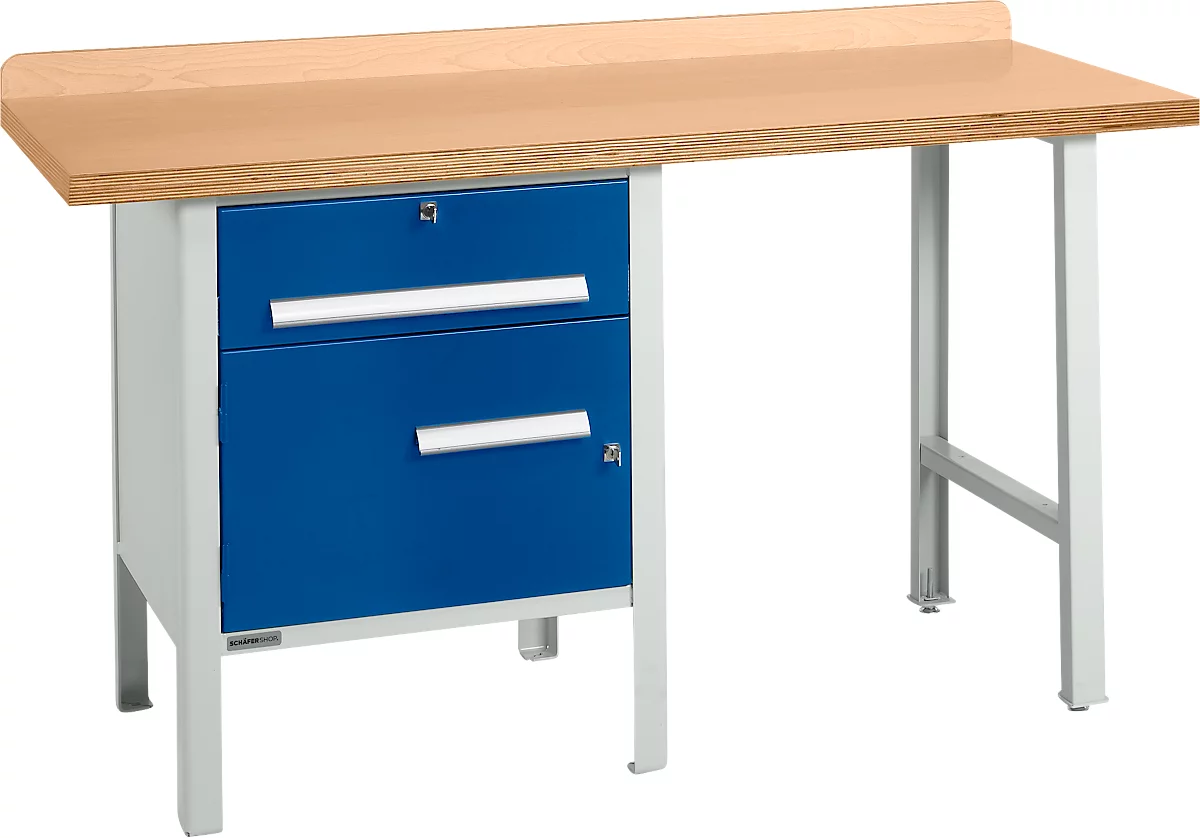 Schäfer Shop Select PWi 150-2 banco de trabajo combinado, tablero multiplex de haya, hasta 750 kg, An 1500 x Pr 700 x Al 840 mm, azul genciana