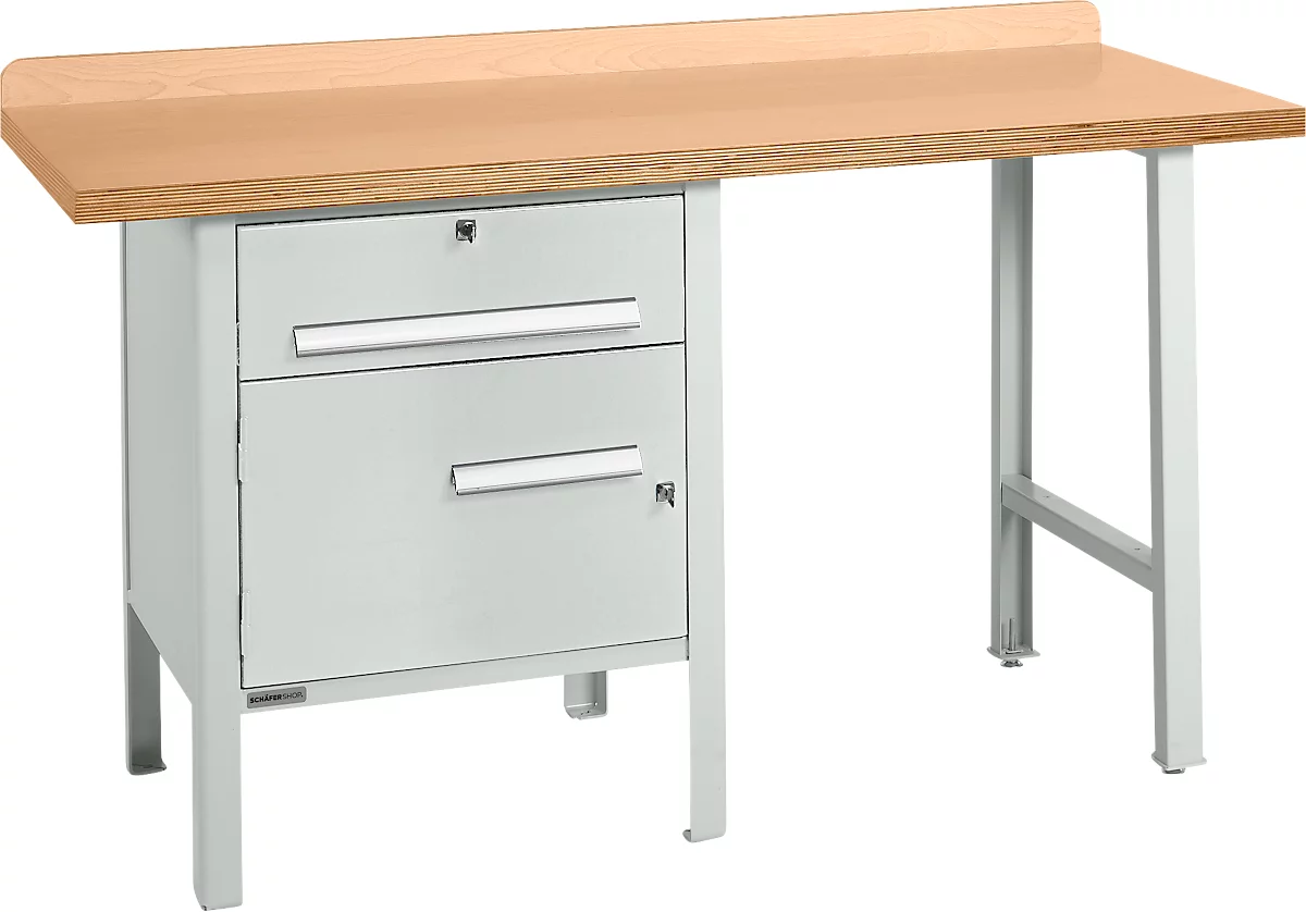 Schäfer Shop Select PWi 150-2 banco de trabajo combinado, tablero multiplex de haya, hasta 750 kg, An 1500 x Pr 700 x Al 840 mm, gris claro