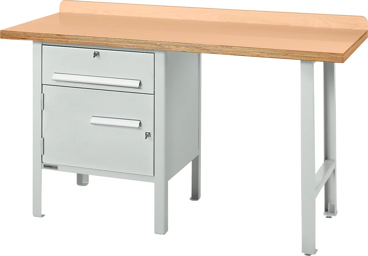Schäfer Shop Select PWi 150-2 banco de trabajo combinado, tablero multiplex de haya, hasta 750 kg, An 1500 x Pr 700 x Al 840 mm, gris claro