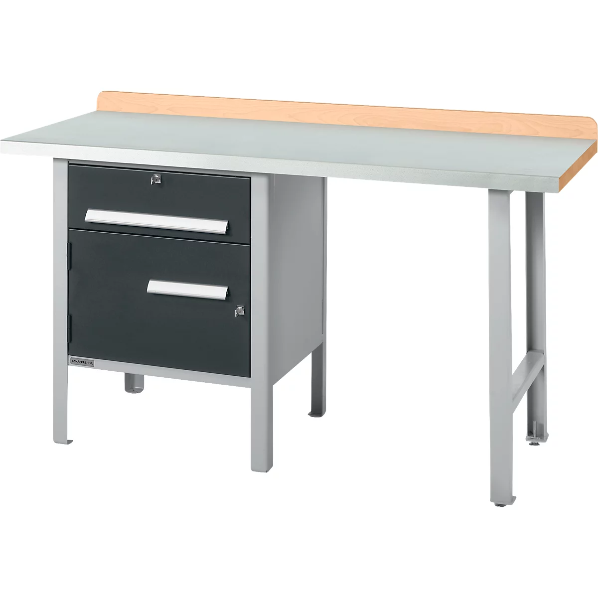 Schäfer Shop Select PWi 150-2 combinatiewerkbank, beuken multiplex blad, met stalen afdekking, tot 750 kg, B 1500 x D 700 x H 840 mm, antraciet